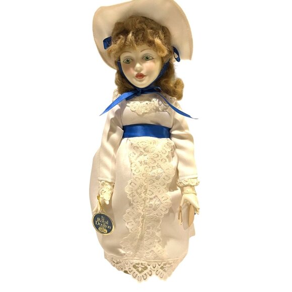 Royal Doulton and Nisbet 1981 Porcelain Doll White Lace Dress Hat Blue Ribbon - Picture 2 of 16